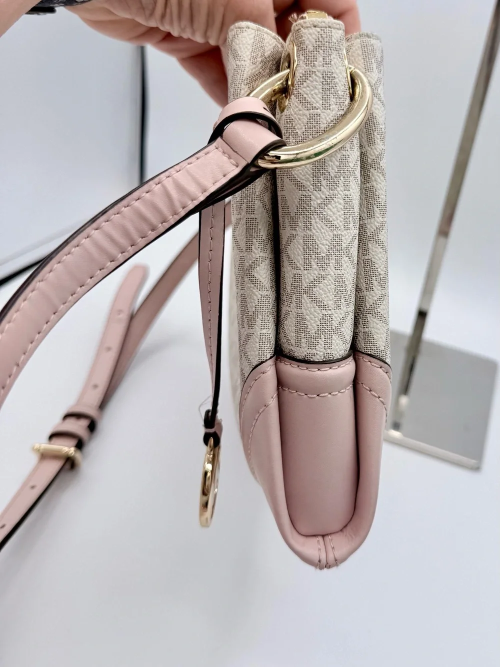 Michael Kors Nicole Large Logo Crossbody Bag Vanilla MK Signature Blush Pink